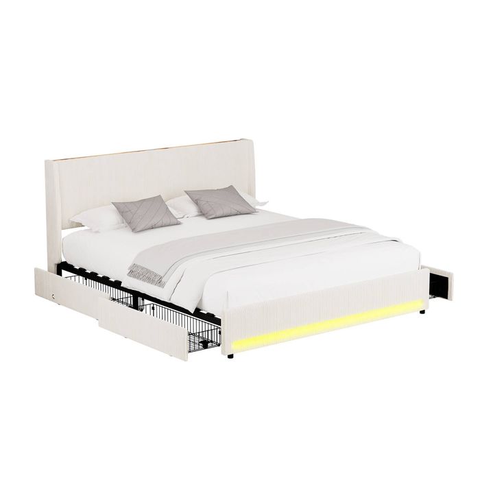Oikiture Bed Frame King Size with LED Light USB Ports 4 Drawers
