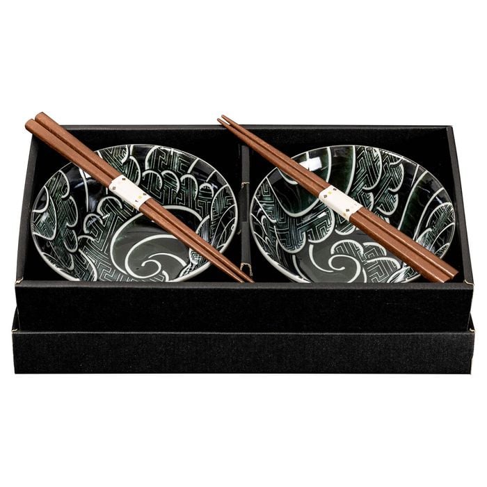 Omotenashi Sayanami Set of 2 Donburi Bowls & Chopsticks - Black