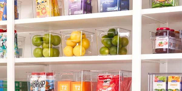 View of shelving with clear storage containers filled with various food products including limes, lemons and apples.