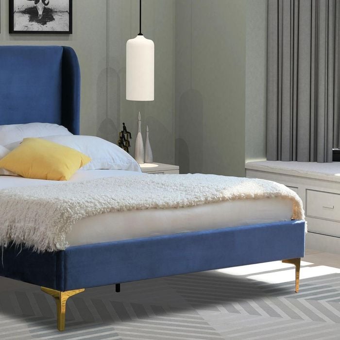 Istyle Modern Classic Olivia King Single Velvet Bed Frame Blue with Gold Legs