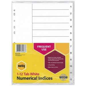 Marbig Numerical Indices & Dividers A4 (White) (1-12 Tab)