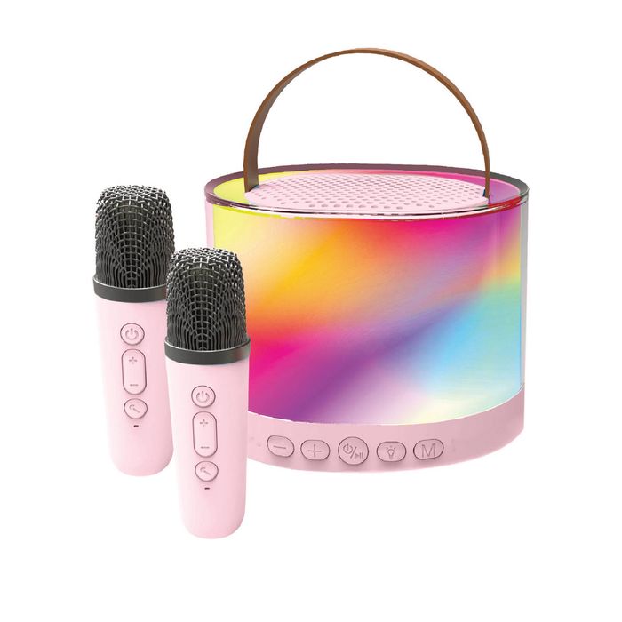 Laser Mini RGB Karaoke Speaker With 2 Wireless Mics (Pink)