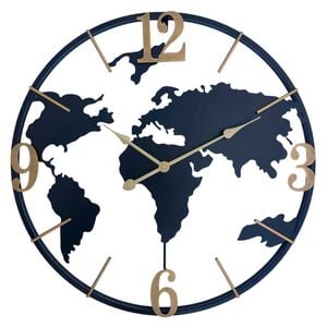 Salesbay 60cm Silent World Map Wall Clock Black Gold Metal Globe Design Decor