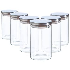 Argon Tableware Glass Storage Jar - Silver Lid - 1l - Modern Round Scandi Organisation Container Glass Jar - Set Of 6