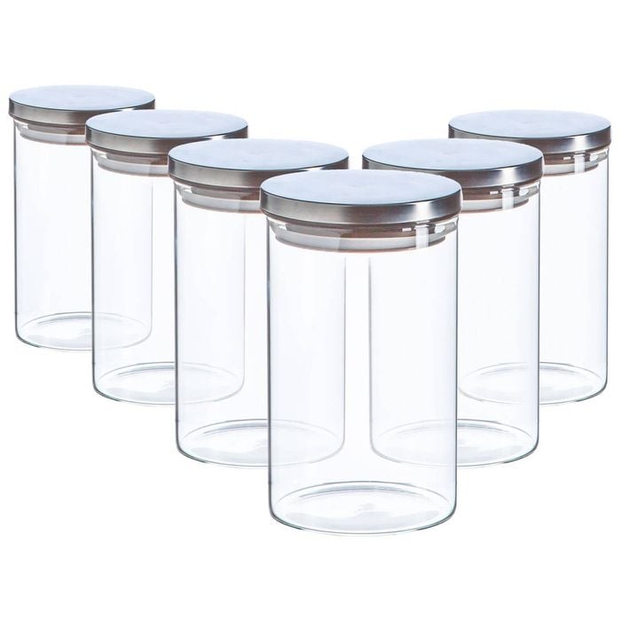 Argon Tableware Glass Storage Jar - Silver Lid - 1l - Modern Round Scandi Organisation Container Glass Jar - Set Of 6