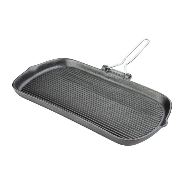 Vogue Cast Iron Grill Pan With Folding Handle 380x225x37mm Commercial Heavy Duty Induction Ready Cooking Kitchenware