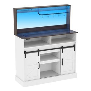 Ufurniture LED Buffet Cabinet with Power Outlet & Sliding Barn Doors Farmhouse Sideboard Kitchen Hutch White