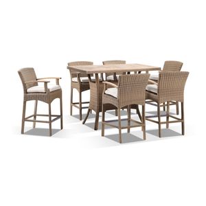 Sahara Teak Top 6 Seater Bar Setting In Half Round Wicker Wanika Stools Brushed Wheat & Cream Cushions