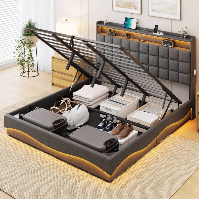 Homfurn King Bed Frame with Storage, Gas Lift Bed King Size Upholstered with LED Lights Charging Station, Noise Free, Grey