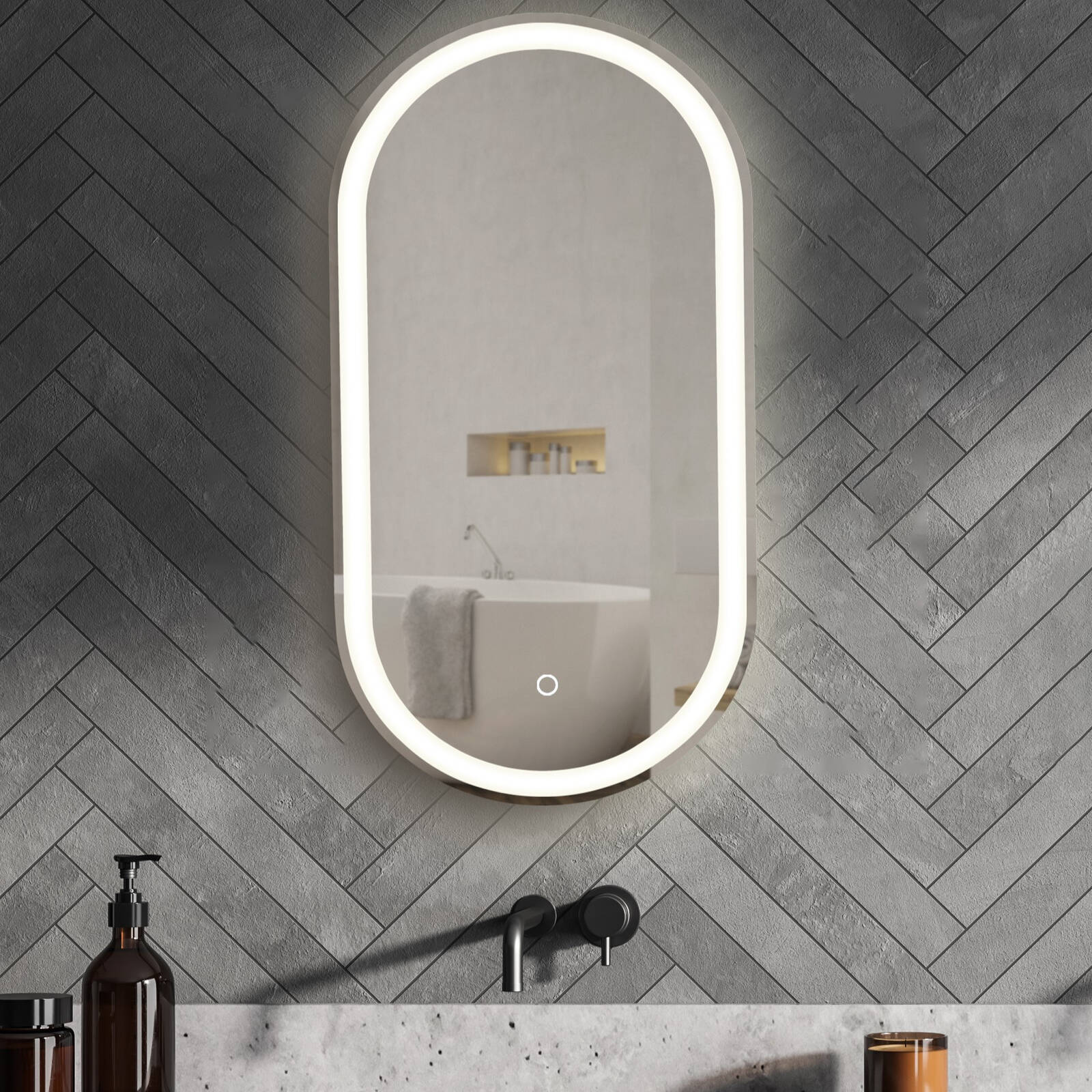 Barelli 900 x 450mm Frameless Pill Shape Front Lit LED Mirror Bunnings Australia
