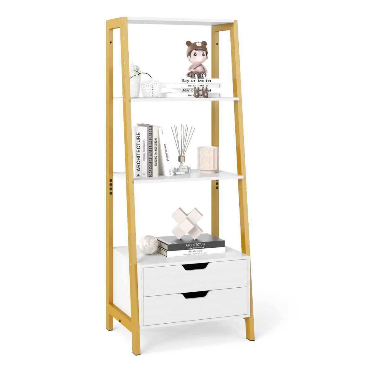 Costway Ladder Bookshelf Display Rack Drawer Bookcase White - Bunnings ...