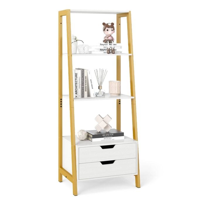 Costway Ladder Bookshelf Display Rack Drawer Bookcase White