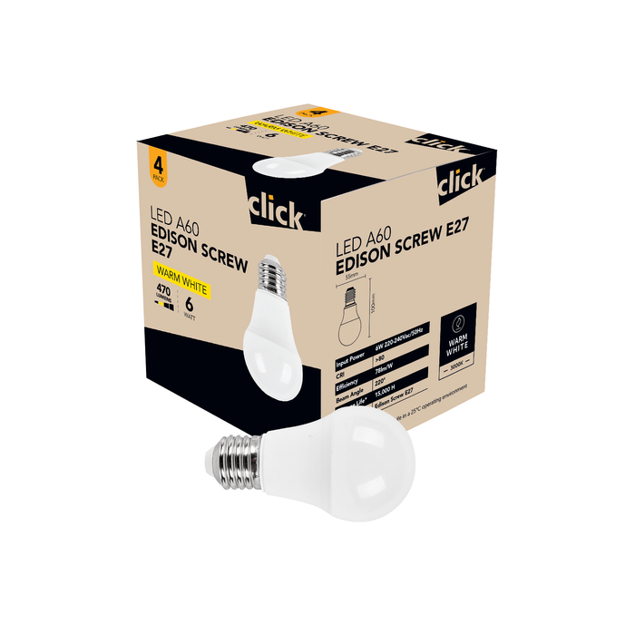 Click A60 ES LED 470lm Warm White 6W Globe - 4 Pack
