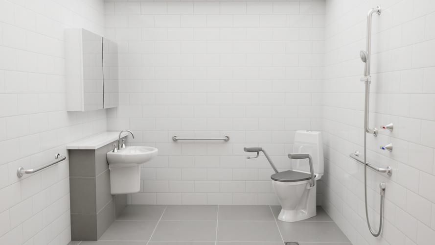 White tiled bathroom with hand rail, toilet, bench seat