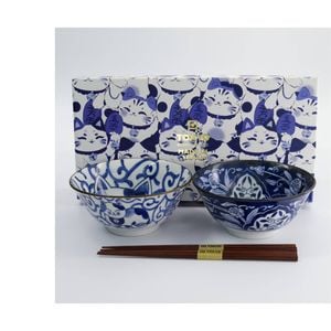 2pc Tokyo Design Porcelain Bowls Swirl Cat Kawaii 500ml With Chopsticks