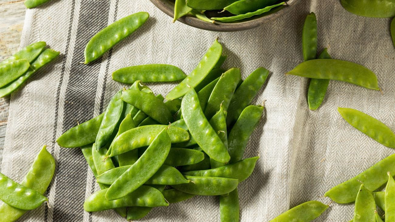 Raw green organic snow peas on a tea towel.