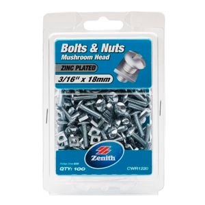 Zenith 3/16" x 18mm Zinc Plated Mushroom Head Bolt And Nut - 100 Pack