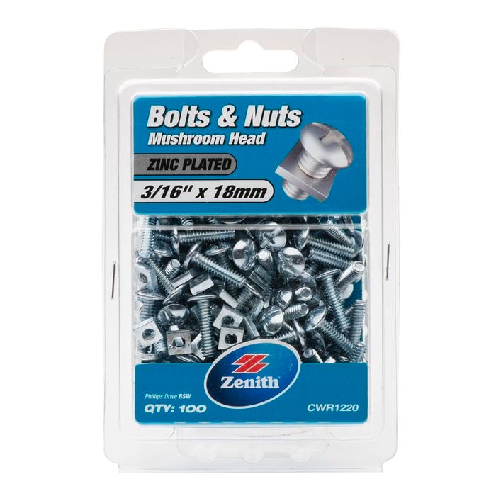Zenith 3/16" x 18mm Zinc Plated Mushroom Head Bolt And Nut - 100 Pack