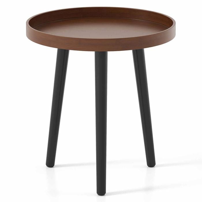 Costway Round Coffee Table Sofa Bedside Table Bamboo Leg Brown