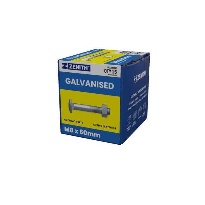 ZENITH M8 x 60mm Hot Dip Galvanised Cup Head Bolts And Nuts - 25 Pack