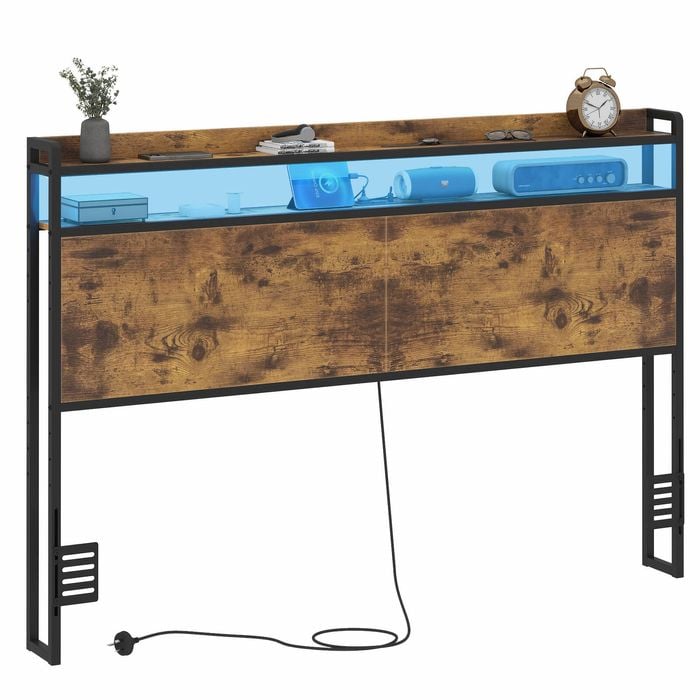Ufurniture Headboard Queen Size with 2-Tier Storage Outlets, USB Ports and LED Light Adjustable Height