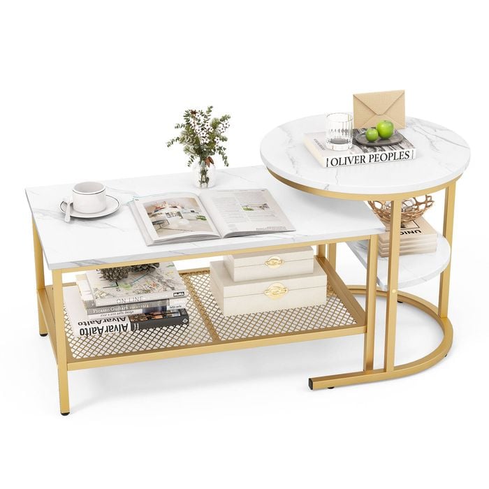 Costway 2× Nesting Coffee End Side Table Set w/Marble Tabletop