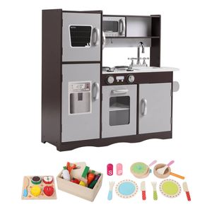 Keezi Wooden Kids Play Kitchen with Pretend Food Set Dark Brown 80cm