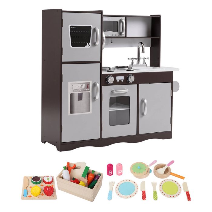 Keezi Wooden Kids Play Kitchen with Pretend Food Set Dark Brown 80cm