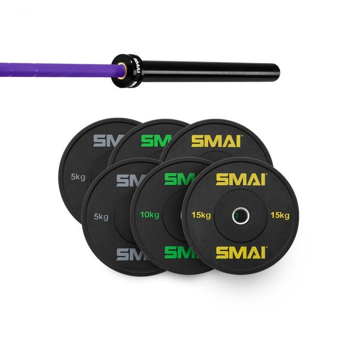 Smai 75kg Hd Bumper Plate Set Inc 15kg Barbell - 15kg Purple Barbell