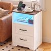 Ufurniture Farmhouse Nightstand with 2 Drawers, Charging Station, LED Light Bedside Table, Brown+White