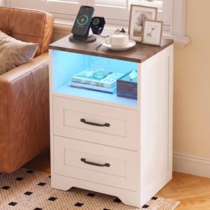 Ufurniture Farmhouse Nightstand with 2 Drawers, Charging Station, LED Light Bedside Table, Brown+White