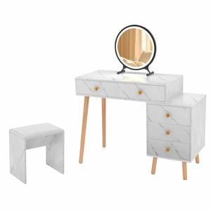 Costway Mirror Vanity Desk Stool Set 3 Light Mode 5 Drawer Dressing