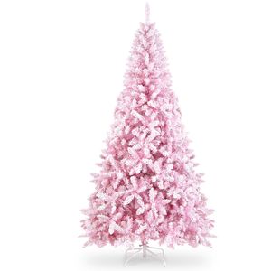 Costway 2.2M Pink Snow Flocked Artificial Christmas Tree 450 Pre-Strung Lights Holiday Decor