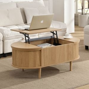 HOMFURN Lift Up Coffee Table with Hidden Storage, Mid Century Modern Coffee Table with Lift Tabletop for Living Room, Oak Color