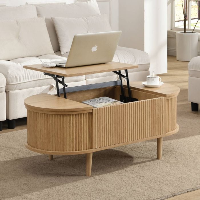 HOMFURN Lift Up Coffee Table with Hidden Storage, Mid Century Modern Coffee Table with Lift Tabletop for Living Room, Oak Color