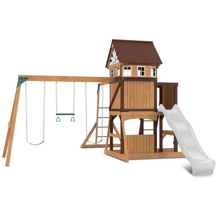Lifespan Kids Meer Brook Swing Set, Monkey Bars & Play Centre with 2.2m Pastel White Slide