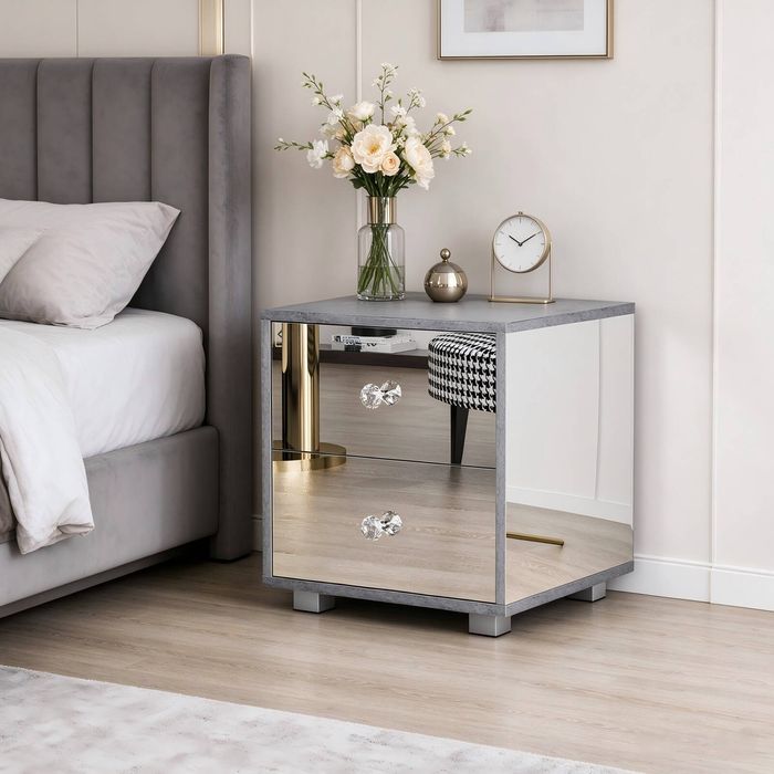 Advwin Mirrored Bedside Table 2 Drawers Mirror Side Table Nightstand Storage Caninet