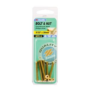 Zenith 5/32" x 38mm Solid Brass Countersunk Head Bolt And Nut - 6 Pack
