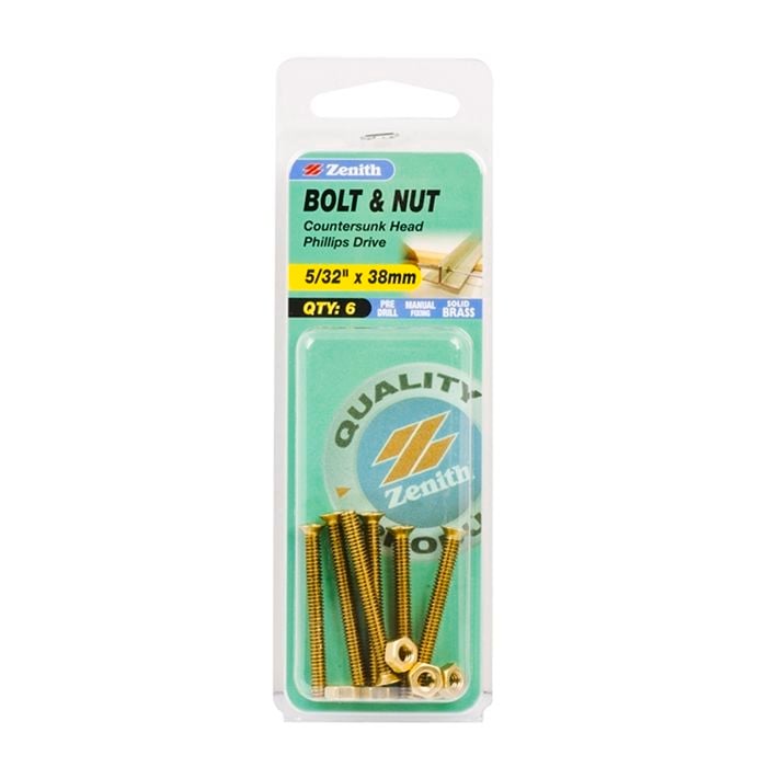 Zenith 5/32" x 38mm Solid Brass Countersunk Head Bolt And Nut - 6 Pack