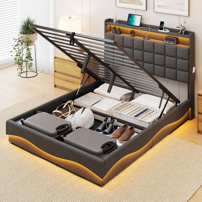 Homfurn Double Bed Frame with Storage, Gas Lift Bed Double Upholstered with LED Lights & Charging Station, Noise Free, Grey