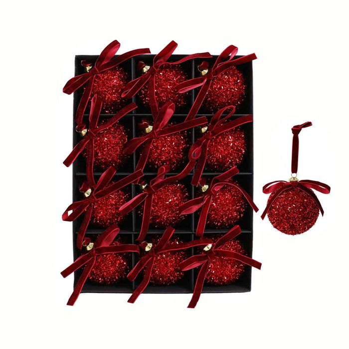Catzon 12 Pcs Shiny Christmas Ball Ornaments 8CM with Bow for Holiday Wedding Decor-Red