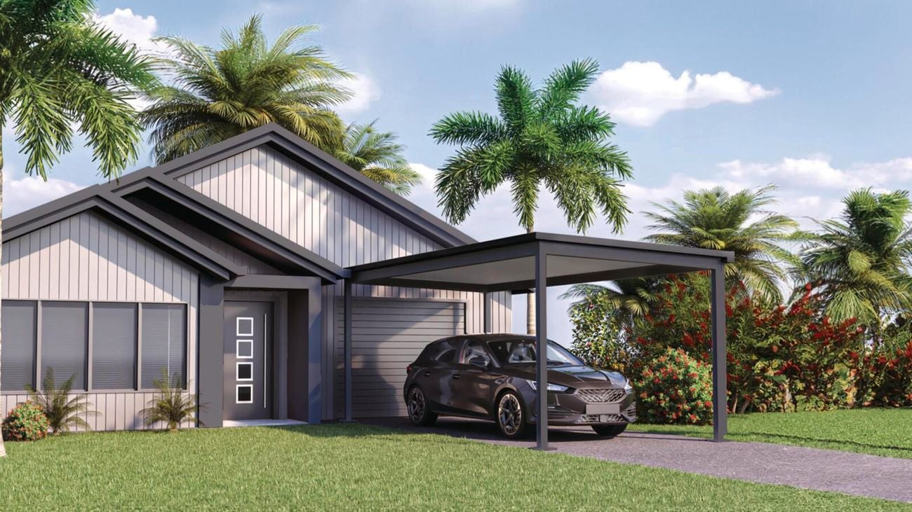 Large, black car is parked in a carport with a roof.