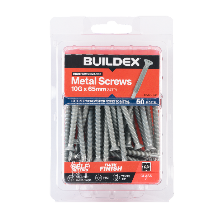 Buildex 10G x 65mm Class 3 Sheet Metal Screws - 50 Pack