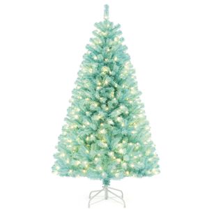 Costway 1.8M Blue Artificial Christmas Tree Pre-Lit Hinged Xmas Tree Seasonal Decor 280 LEDs