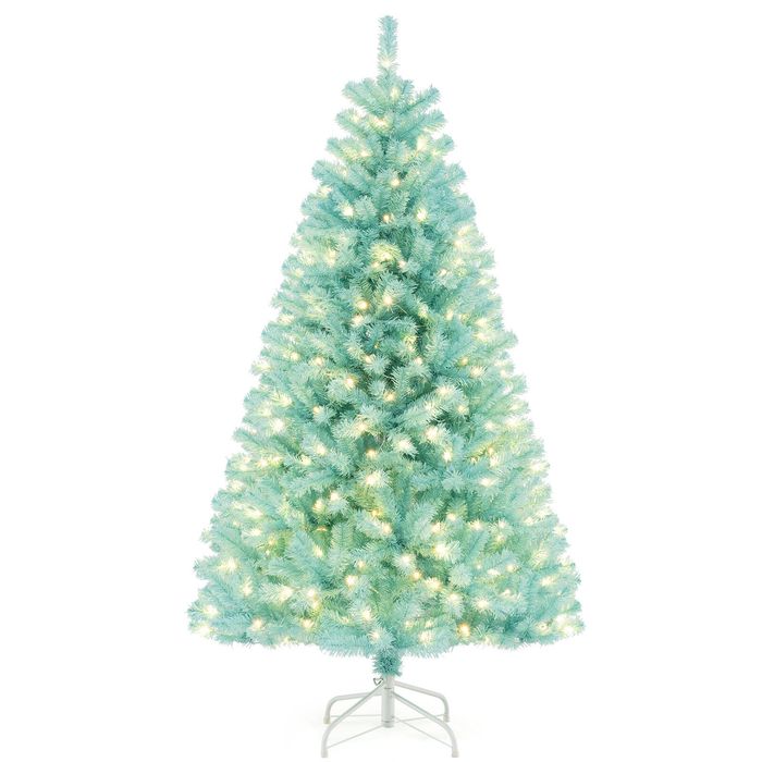 Costway 1.8M Blue Artificial Christmas Tree Pre-Lit Hinged Xmas Tree Seasonal Decor 280 LEDs