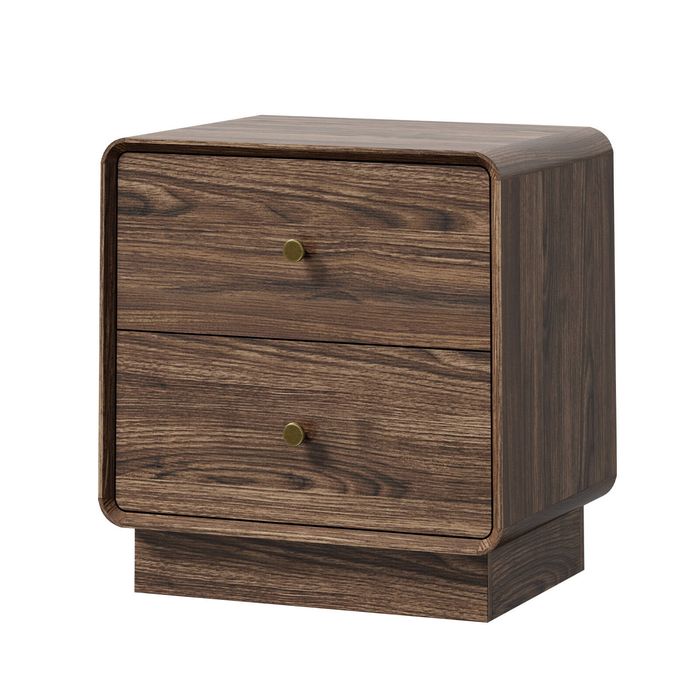 Oikiture Bedside Table 2 Drawers Nightstand Round Corner Storage Walnut