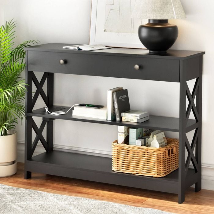 Homfurn Console Table 3-tier Entry Hallway Shelf Drawer Wood Outlets Usb Ports