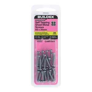 Buildex 6G x 25mm Zinc Plated Self Tapping Sheet Metal Screws - 35 Pack
