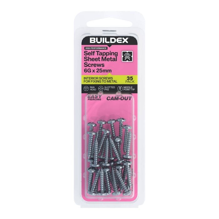Buildex 6G x 25mm Zinc Plated Self Tapping Sheet Metal Screws - 35 Pack