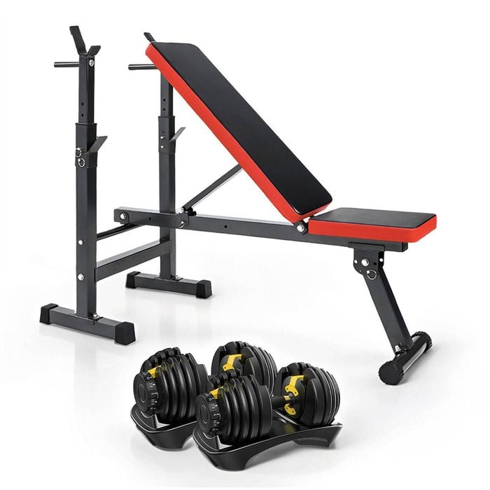 fitnessLAB 2x 24kg Adjustable Dumbbell Set (Yellow) with Weight Bench